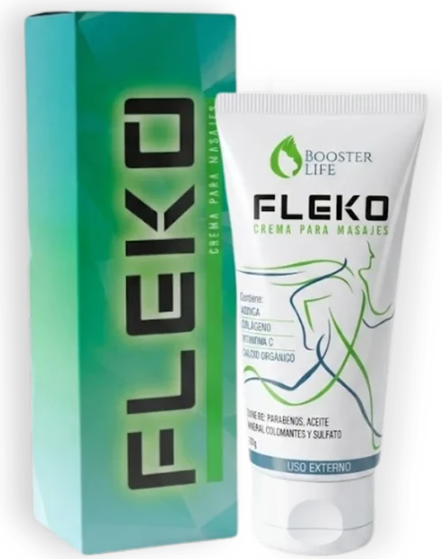 Tubo y caja de FLEKO, crema para masajes de 80 gramos de Booster Life